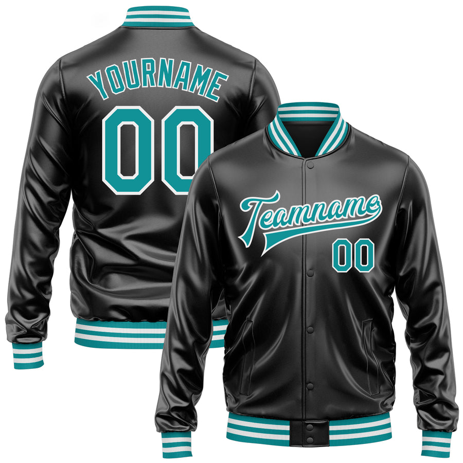 Custom Black Teal-White Bomber Full-Snap Varsity Faux Leather Letterman Jacket