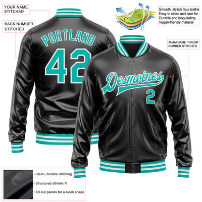 Custom Black Aqua-White Bomber Full-Snap Varsity Faux Leather Letterman Jacket