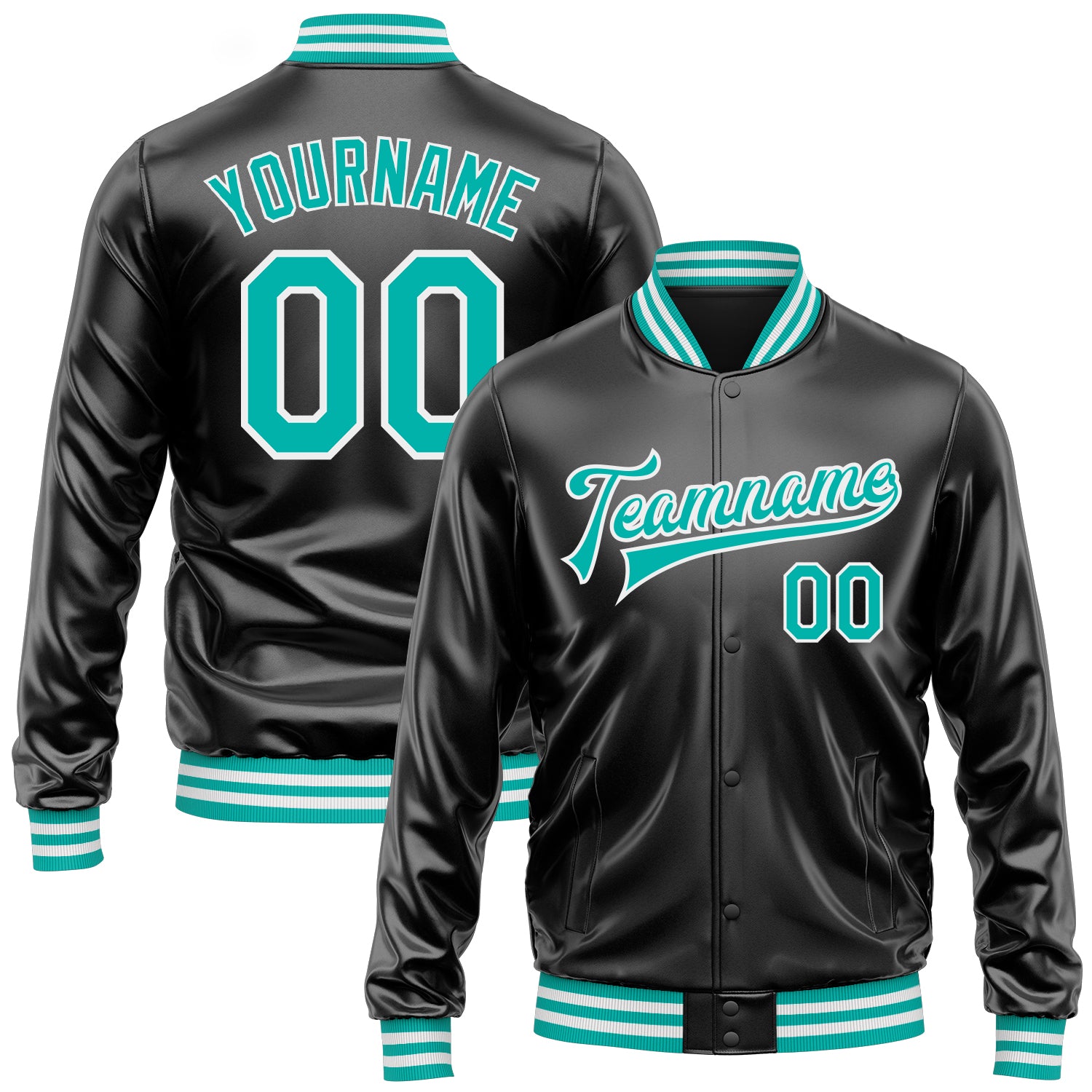Custom Black Aqua-White Bomber Full-Snap Varsity Faux Leather Letterman Jacket