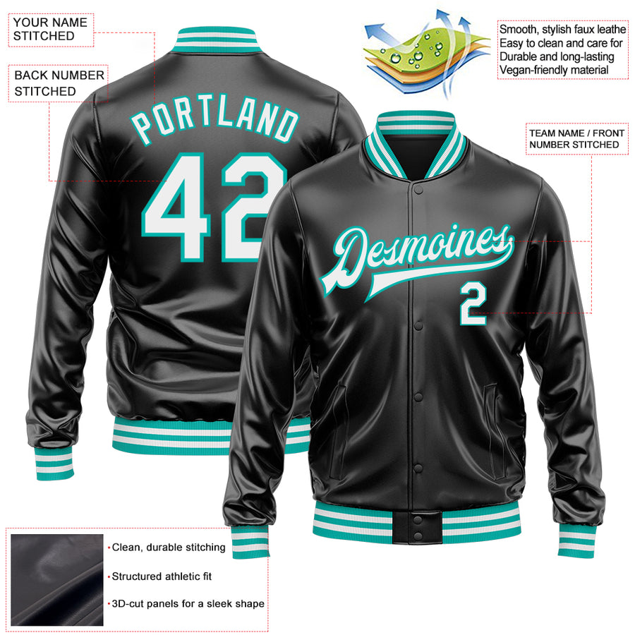 Custom Black White-Aqua Bomber Full-Snap Varsity Faux Leather Letterman Jacket