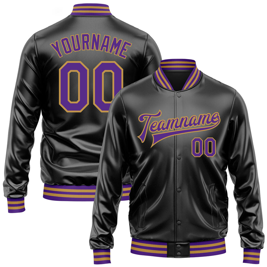 Custom Black Purple-Old Gold Bomber Full-Snap Varsity Faux Leather Letterman Jacket