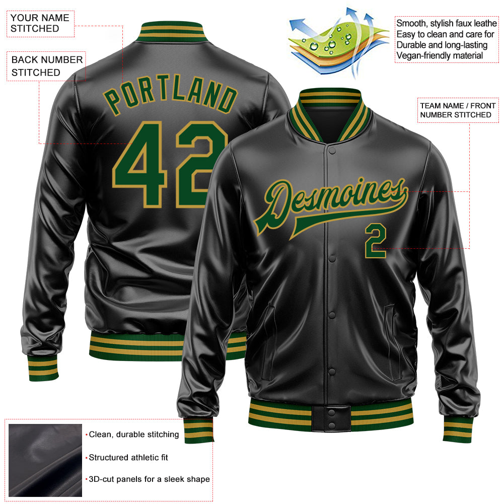 Custom Black Green-Old Gold Bomber Full-Snap Varsity Faux Leather Letterman Jacket