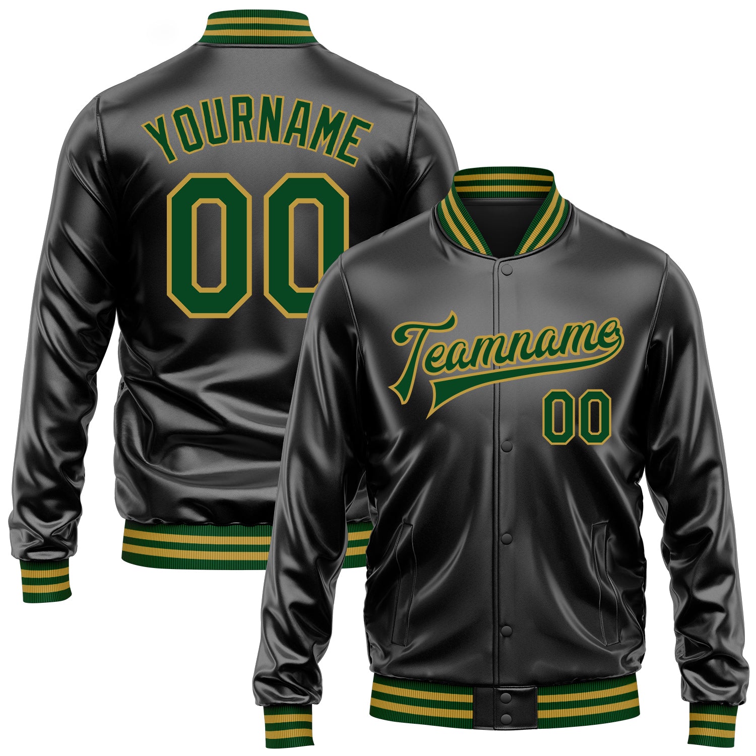 Custom Black Green-Old Gold Bomber Full-Snap Varsity Faux Leather Letterman Jacket