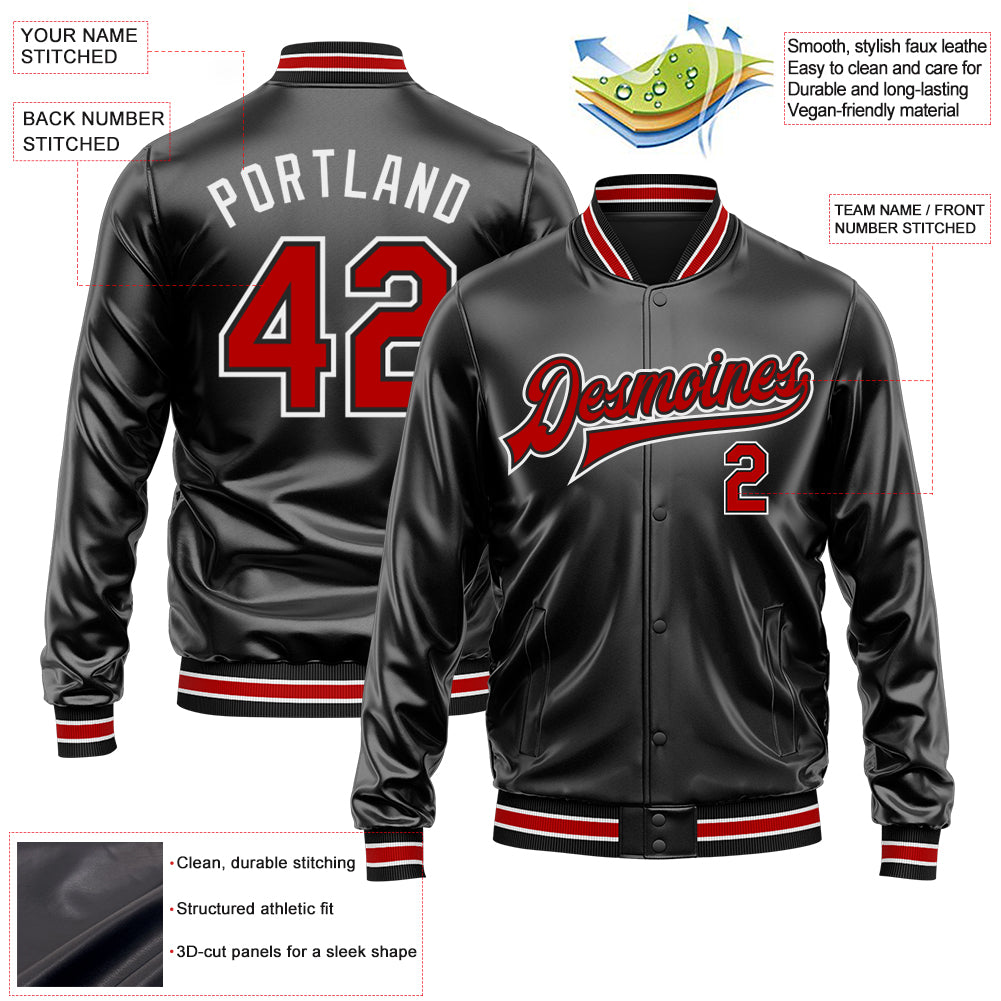 Custom Black Red-White Bomber Full-Snap Varsity Faux Leather Letterman Jacket