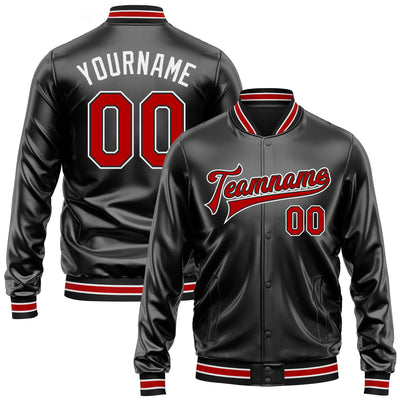 Custom Black Red-White Bomber Full-Snap Varsity Faux Leather Letterman Jacket