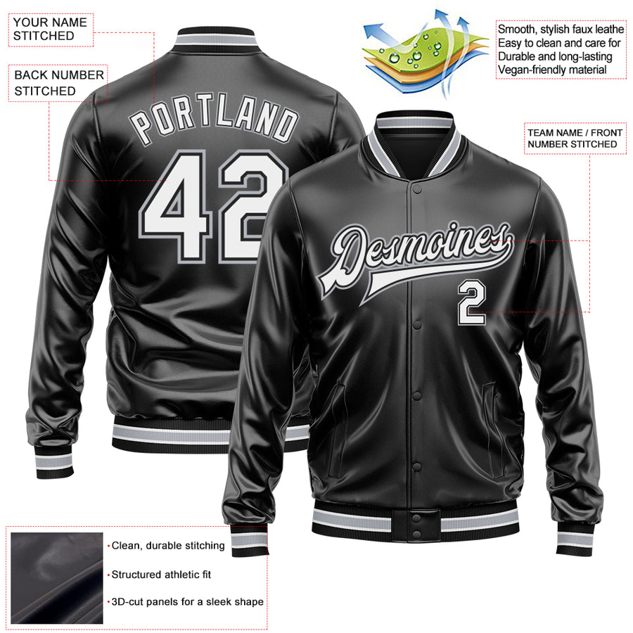 Custom Black White-Gray Bomber Full-Snap Varsity Faux Leather Letterman Jacket
