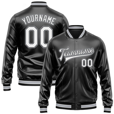 Custom Black White-Gray Bomber Full-Snap Varsity Faux Leather Letterman Jacket