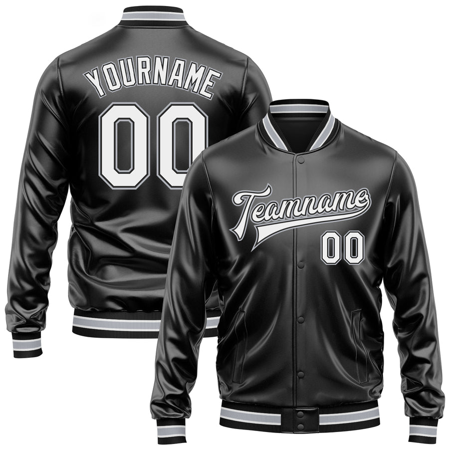 Custom Black White-Gray Bomber Full-Snap Varsity Faux Leather Letterman Jacket
