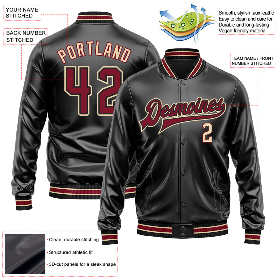 Custom Black Crimson-City Cream Bomber Full-Snap Varsity Faux Leather Letterman Jacket
