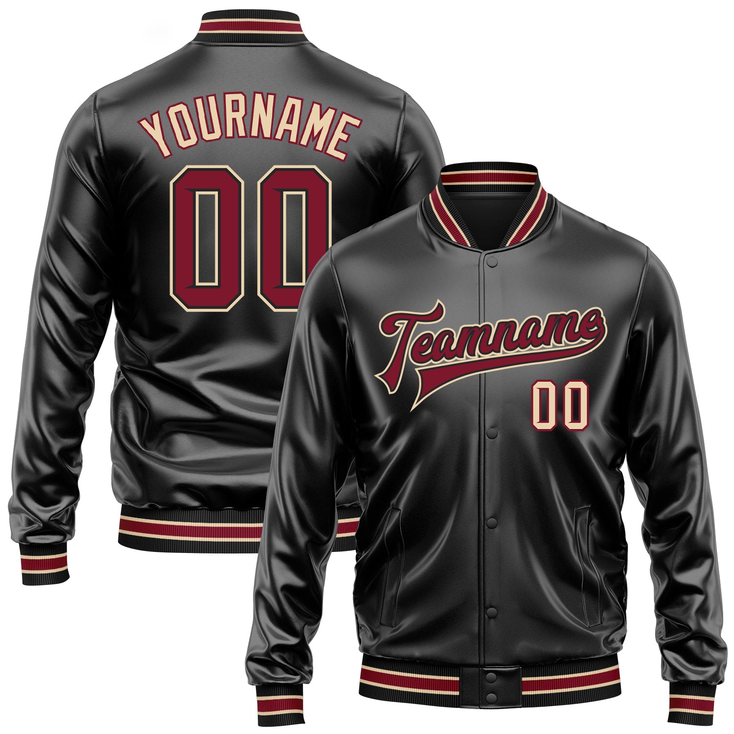 Custom Black Crimson-City Cream Bomber Full-Snap Varsity Faux Leather Letterman Jacket