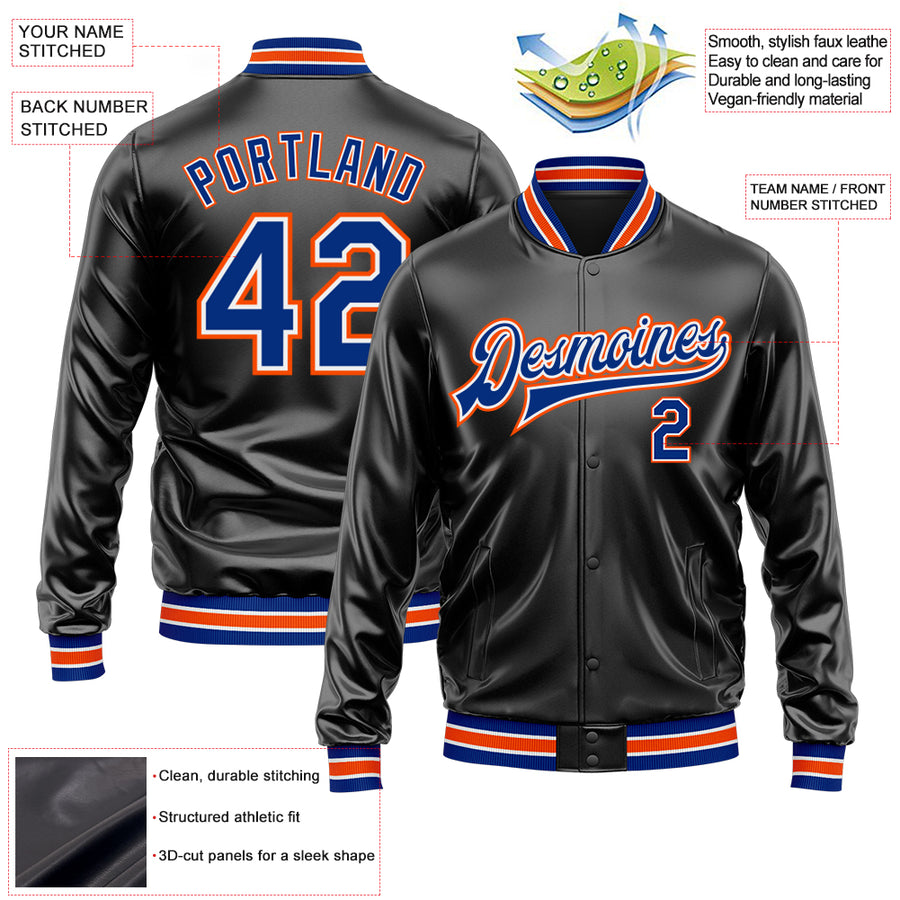 Custom Black Royal-Orange Bomber Full-Snap Varsity Faux Leather Letterman Jacket