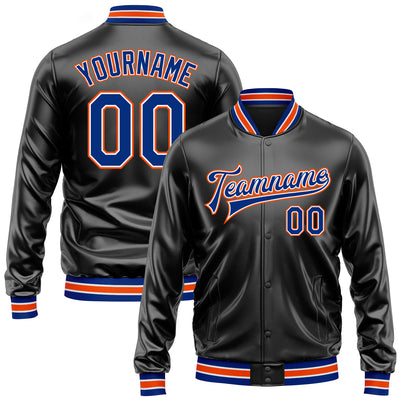 Custom Black Royal-Orange Bomber Full-Snap Varsity Faux Leather Letterman Jacket