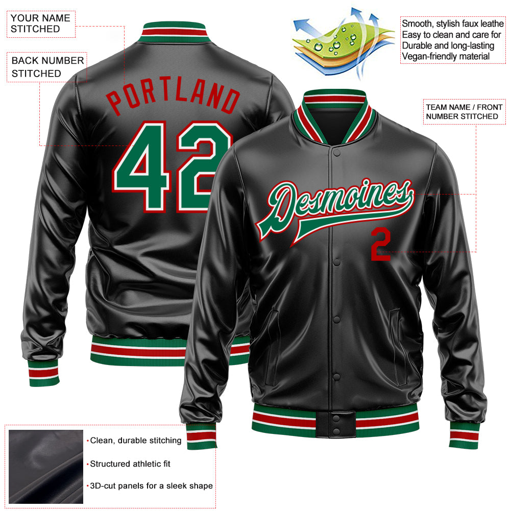 Custom Black Kelly Green-Red Bomber Full-Snap Varsity Faux Leather Letterman Jacket