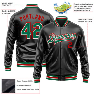 Custom Black Kelly Green-Red Bomber Full-Snap Varsity Faux Leather Letterman Jacket