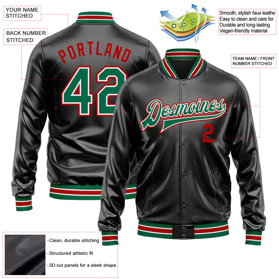 Custom Black Kelly Green-Red Bomber Full-Snap Varsity Faux Leather Letterman Jacket