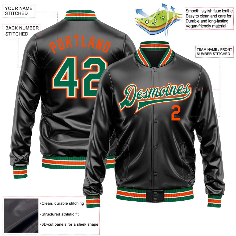 Custom Black Kelly Green-Orange Bomber Full-Snap Varsity Faux Leather Letterman Jacket