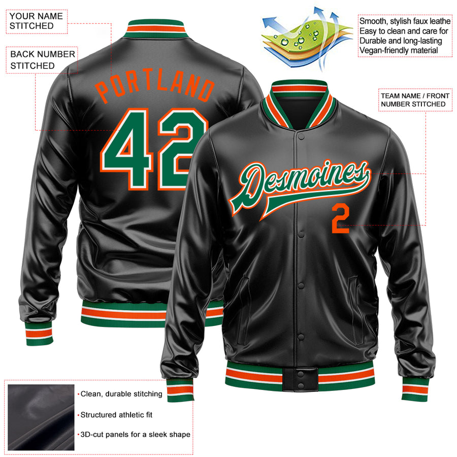 Custom Black Kelly Green-Orange Bomber Full-Snap Varsity Faux Leather Letterman Jacket