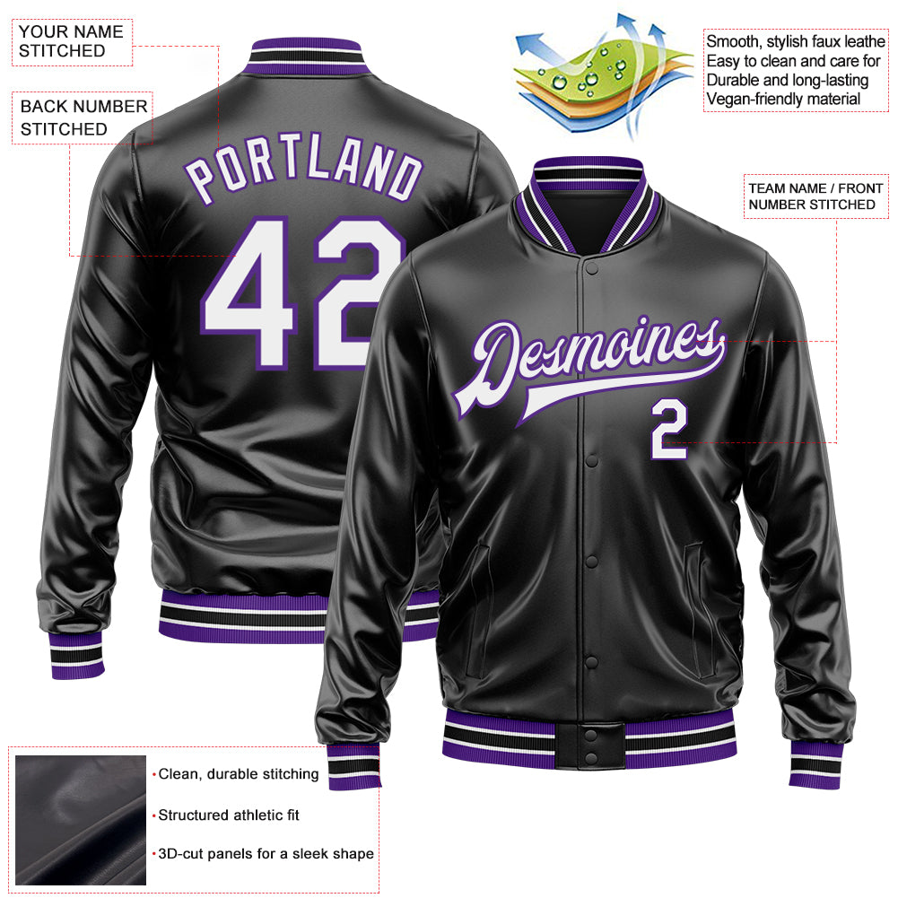 Custom Black White-Purple Bomber Full-Snap Varsity Faux Leather Letterman Jacket