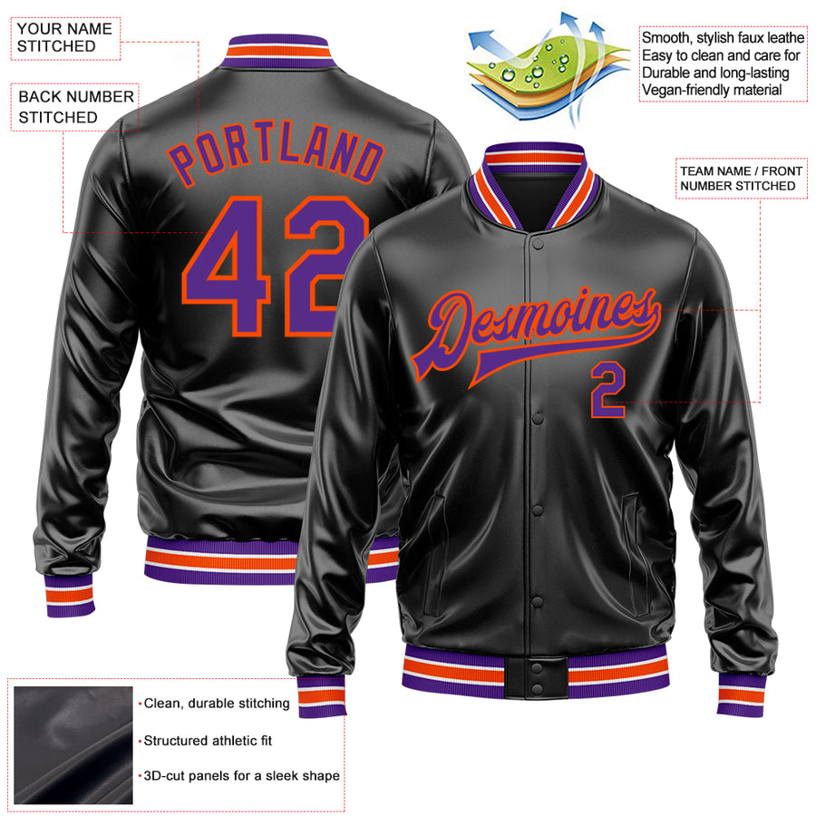 Custom Black Purple-Orange Bomber Full-Snap Varsity Faux Leather Letterman Jacket