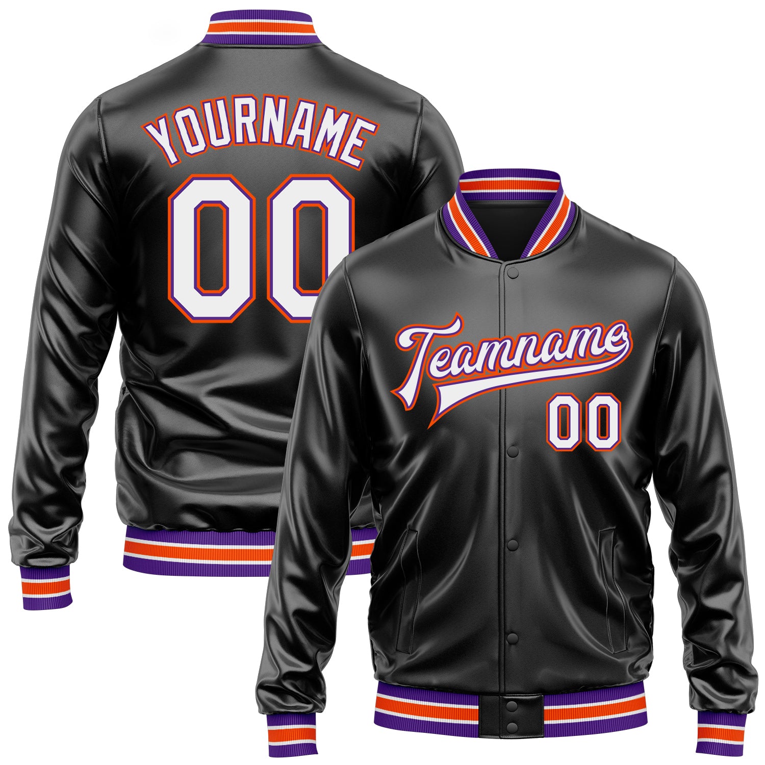 Custom Black White-Purple Bomber Full-Snap Varsity Faux Leather Letterman Jacket