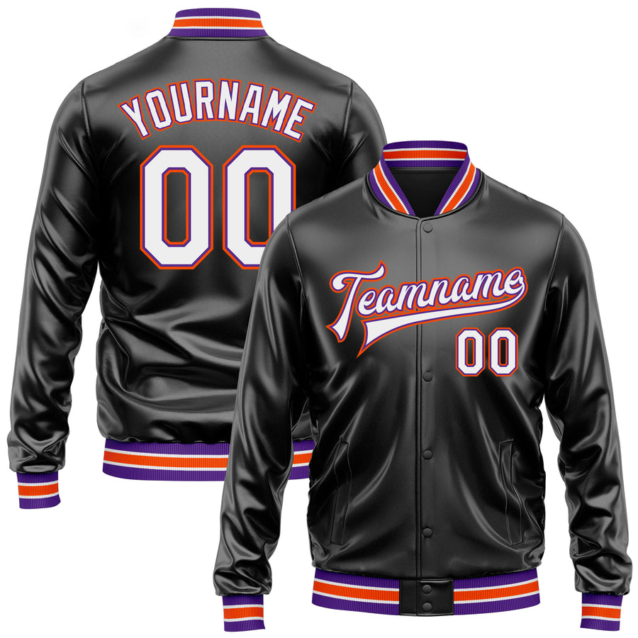 Custom Black White-Purple Bomber Full-Snap Varsity Faux Leather Letterman Jacket