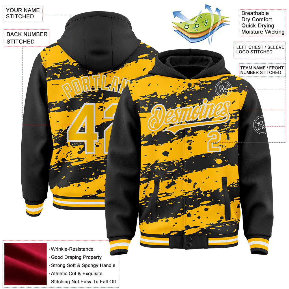 Custom Black Gold-White Splash 3D Pattern Design Bomber Full-Snap Varsity Letterman Hoodie Jacket