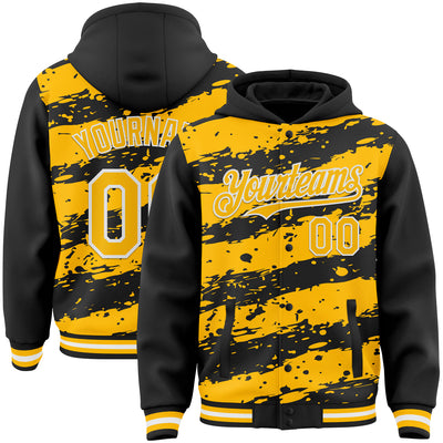 Custom Black Gold-White Splash 3D Pattern Design Bomber Full-Snap Varsity Letterman Hoodie Jacket