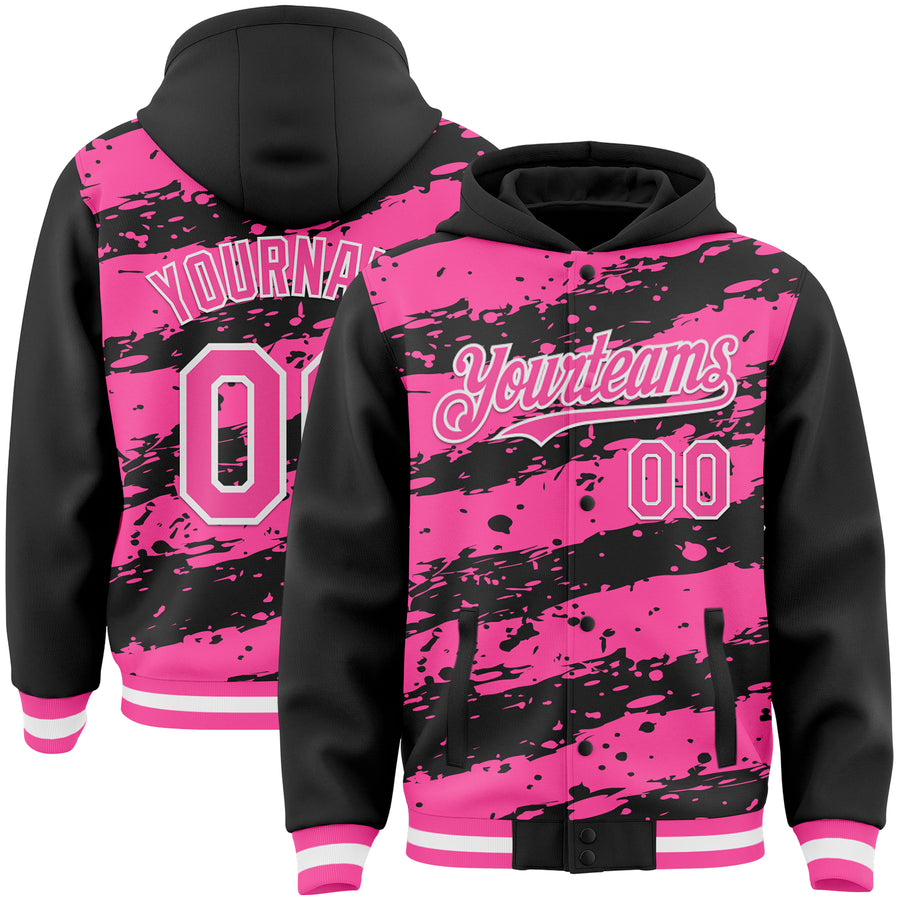 Custom Black Pink-White Splash 3D Pattern Design Bomber Full-Snap Varsity Letterman Hoodie Jacket