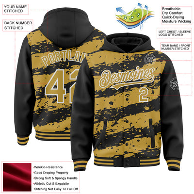 Custom Black Old Gold-White Splash 3D Pattern Design Bomber Full-Snap Varsity Letterman Hoodie Jacket