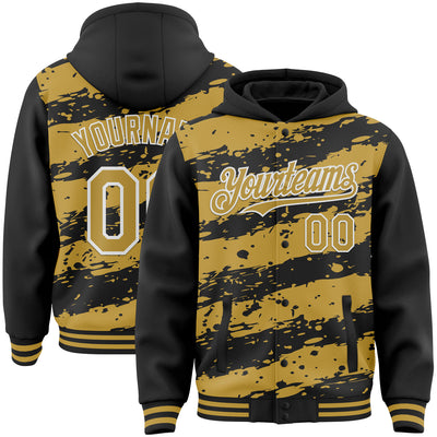 Custom Black Old Gold-White Splash 3D Pattern Design Bomber Full-Snap Varsity Letterman Hoodie Jacket