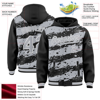 Custom Black Gray-White Splash 3D Pattern Design Bomber Full-Snap Varsity Letterman Hoodie Jacket