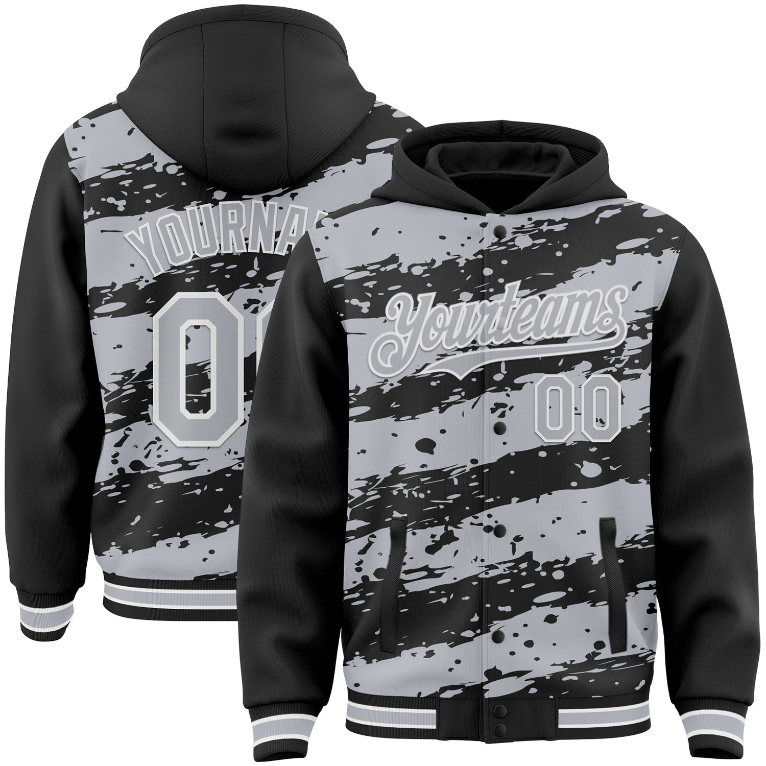 Custom Black Gray-White Splash 3D Pattern Design Bomber Full-Snap Varsity Letterman Hoodie Jacket