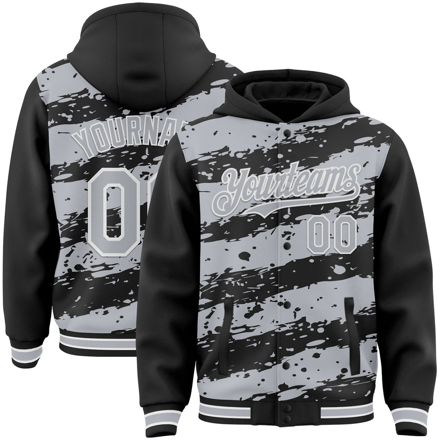 Custom Black Gray-White Splash 3D Pattern Design Bomber Full-Snap Varsity Letterman Hoodie Jacket
