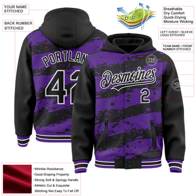 Custom Purple Black-White Splash 3D Pattern Design Bomber Full-Snap Varsity Letterman Hoodie Jacket