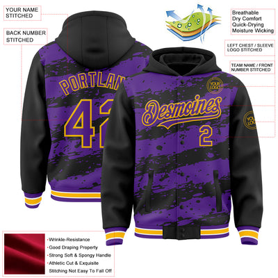 Custom Black Purple-Gold Splash 3D Pattern Design Bomber Full-Snap Varsity Letterman Hoodie Jacket