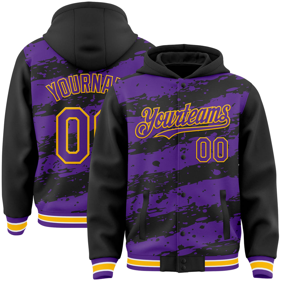 Custom Black Purple-Gold Splash 3D Pattern Design Bomber Full-Snap Varsity Letterman Hoodie Jacket
