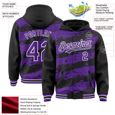 Custom Black Purple-White Splash 3D Pattern Design Bomber Full-Snap Varsity Letterman Hoodie Jacket