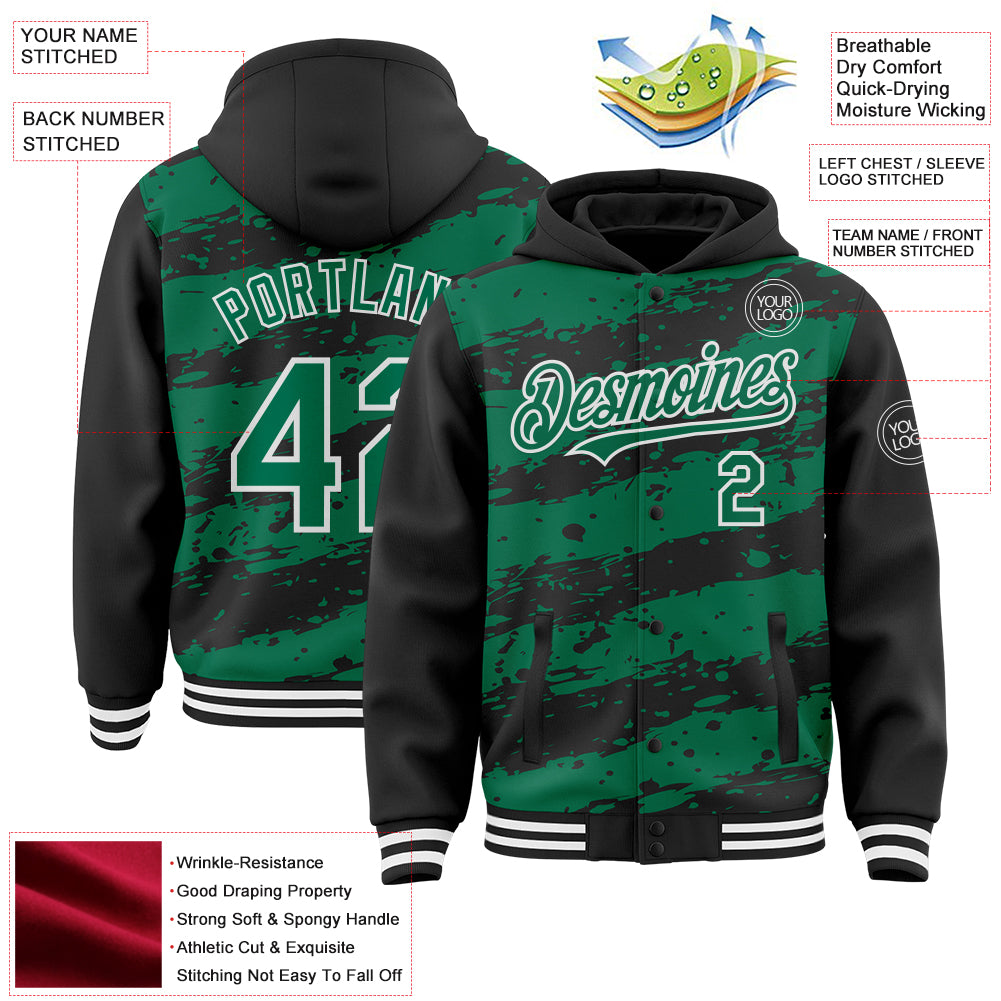 Custom Black Kelly Green-White Splash 3D Pattern Design Bomber Full-Snap Varsity Letterman Hoodie Jacket