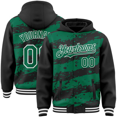 Custom Black Kelly Green-White Splash 3D Pattern Design Bomber Full-Snap Varsity Letterman Hoodie Jacket