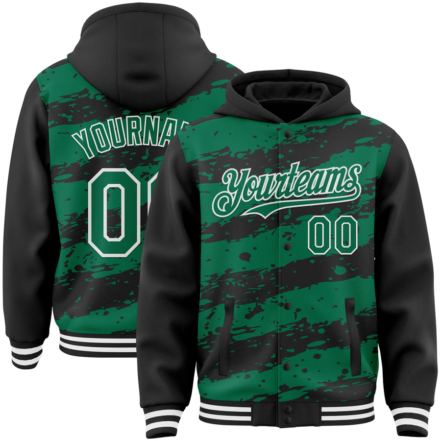 Custom Black Kelly Green-White Splash 3D Pattern Design Bomber Full-Snap Varsity Letterman Hoodie Jacket