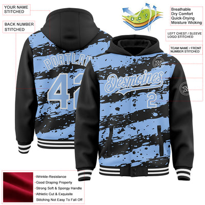 Custom Black Light Blue-White Splash 3D Pattern Design Bomber Full-Snap Varsity Letterman Hoodie Jacket