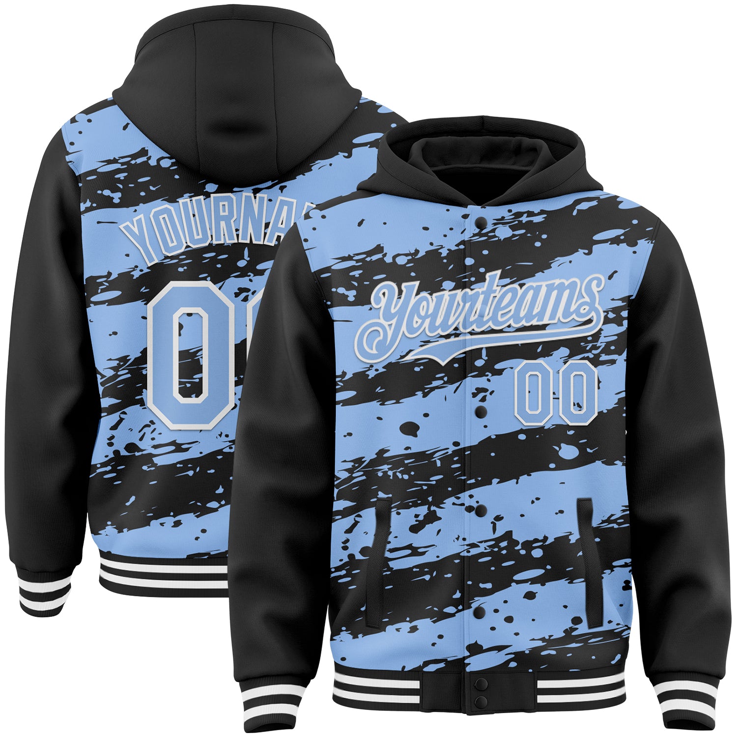 Custom Black Light Blue-White Splash 3D Pattern Design Bomber Full-Snap Varsity Letterman Hoodie Jacket