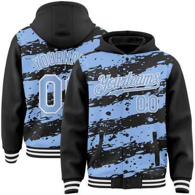 Custom Black Light Blue-White Splash 3D Pattern Design Bomber Full-Snap Varsity Letterman Hoodie Jacket