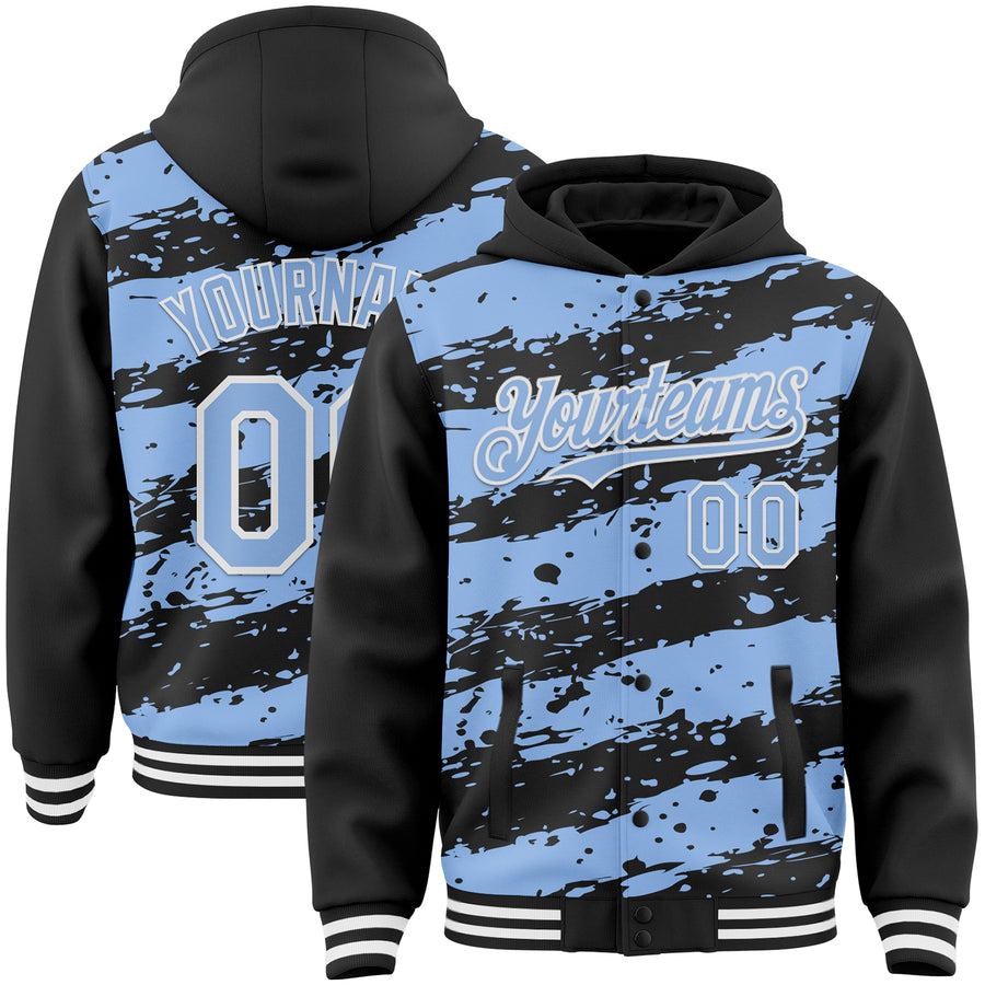 Custom Black Light Blue-White Splash 3D Pattern Design Bomber Full-Snap Varsity Letterman Hoodie Jacket