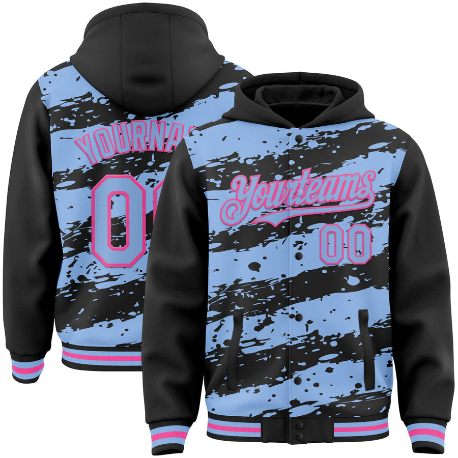 Custom Black Light Blue-Pink Splash 3D Pattern Design Bomber Full-Snap Varsity Letterman Hoodie Jacket