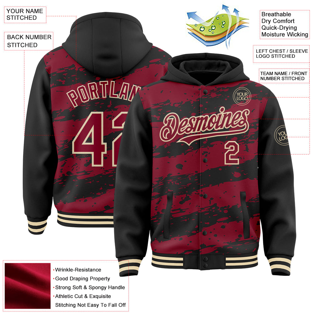 Custom Black Crimson-Cream Splash 3D Pattern Design Bomber Full-Snap Varsity Letterman Hoodie Jacket