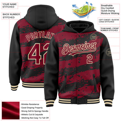 Custom Black Crimson-Cream Splash 3D Pattern Design Bomber Full-Snap Varsity Letterman Hoodie Jacket