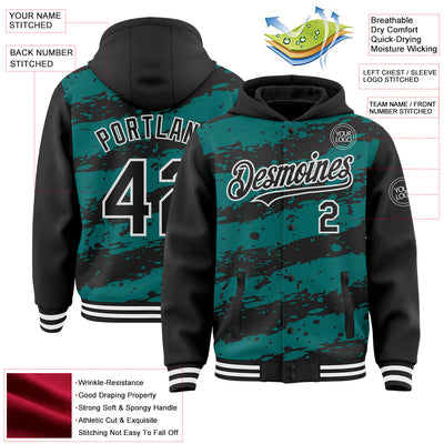 Custom Teal Black-White Splash 3D Pattern Design Bomber Full-Snap Varsity Letterman Hoodie Jacket