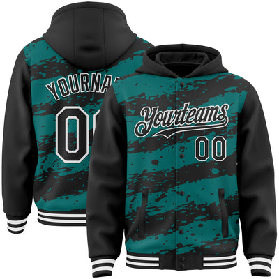 Custom Teal Black-White Splash 3D Pattern Design Bomber Full-Snap Varsity Letterman Hoodie Jacket