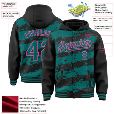 Custom Black Teal-Pink Splash 3D Pattern Design Bomber Full-Snap Varsity Letterman Hoodie Jacket